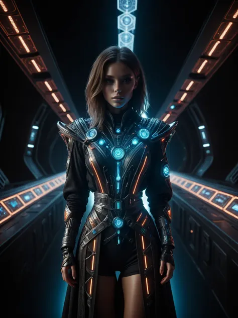 a woman in a futuristic suit stands in a futuristic tunnel