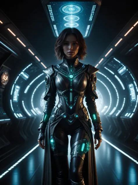 a woman in a futuristic suit stands in a tunnel