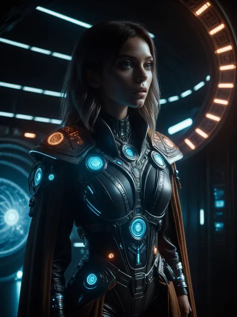 a woman in a futuristic suit standing in front of a futuristic clock