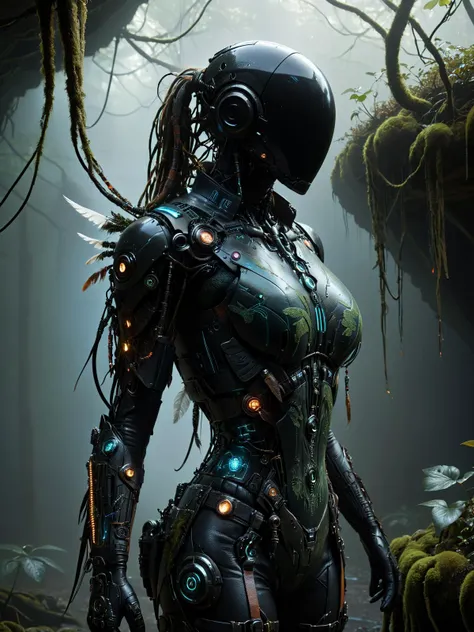 noface, cyborg, cybershaman, cyberpunk, leather vest, neonbody, holodrift, close-up, portrait, magic floating in the air, feathers, talisman, dynamic pose, dark cave, fog, steam, moss, ivy, light rays <lora:Faceless_Cyborgs:0.8>  <lora:Cyberpunk_Techno-Mag...