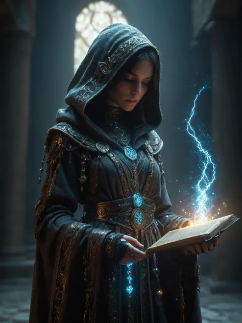 a woman in a black robe holding a book and lightning