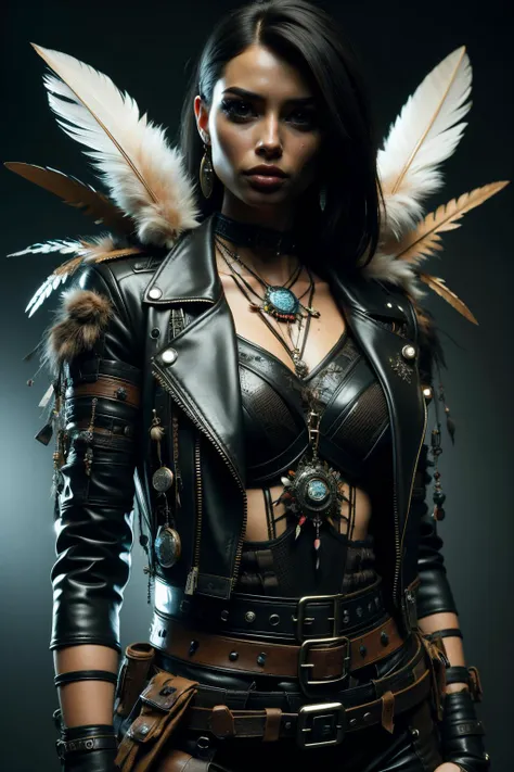 a woman in a leather outfit with feathers on her shoulders