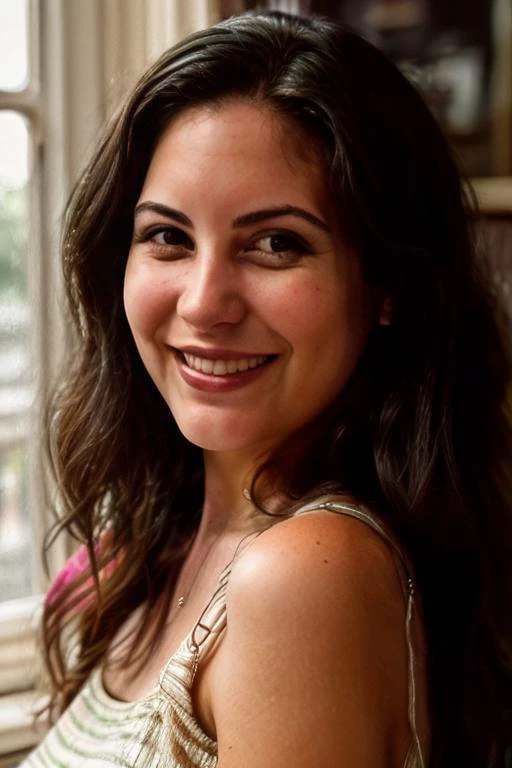 smiling woman with long dark hair and a striped dress