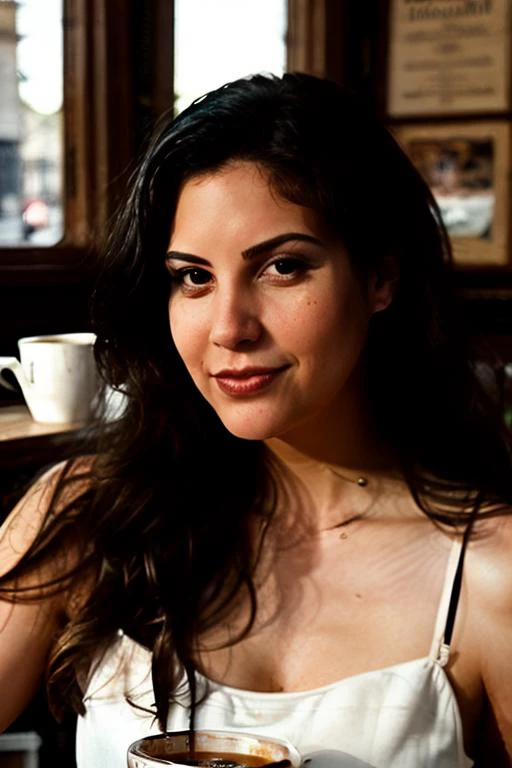 woman sitting at a table with a cup of coffee and a plate of food