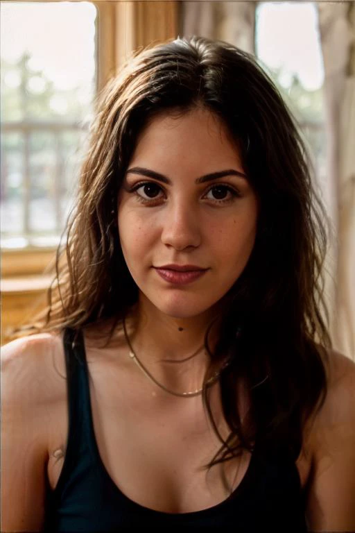 a close up of a woman with a black top and a necklace