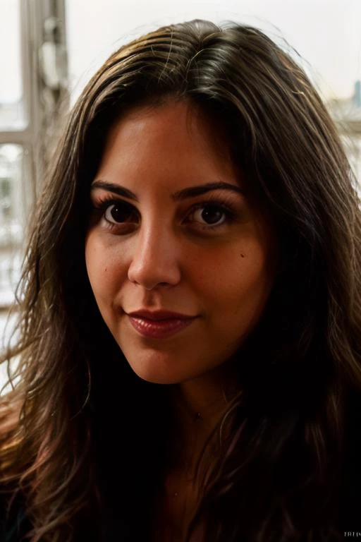 a close up of a woman with long hair and a black shirt