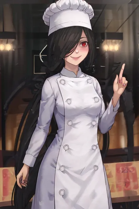 anime girl in a chef's uniform with a peace sign