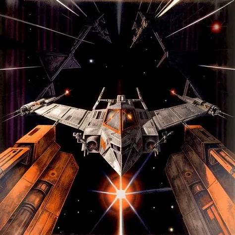 star wars x-wing vs TIE fighter, by Hannes Bok<lora:hannesbok:1>