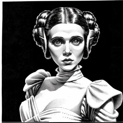 Princess Leia, by Hannes Bok, black and white, monochrome<lora:hannesbok:1>