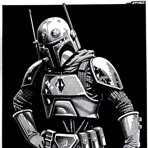 boba fett from star wars, by Hannes Bok, black and white, monochrome <lora:hannesbok:1>