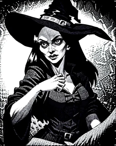 a witch, by Hannes Bok, black and white, monochrome, greyscale, lithograph  <lora:hannesbok:1>