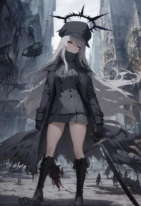 masterpiece, 1 girl, sword halo, hunter (bloodborne), hat, long hair, gray hair, yellow eyes, coat, gloves, turtleneck, school uniform, boots, outdoors, gothic, city, gunblade, looking at viewer,