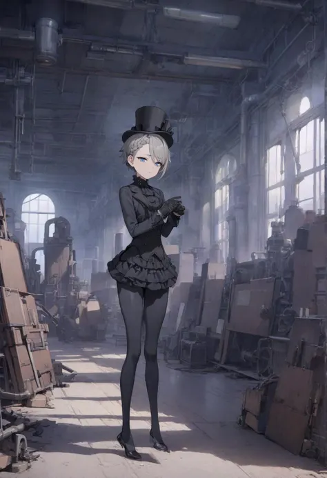 (masterpiece, best quality:1.2), 1girl, solo, (top hat), short hair, spiked hair, braid, gray hair, swept bangs, blue eyes, emotionless, black outfit, short skirt, leggings, gloves, cowboy shot, indoors, full body, victorian, factory  <lora:Ange sdxl_lora:...