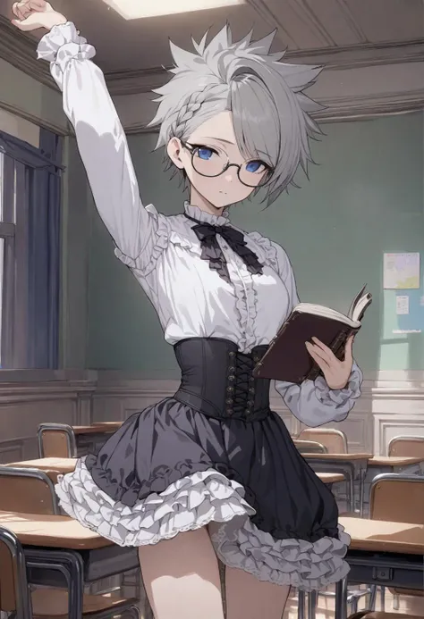 (masterpiece, best quality:1.2), 1girl, solo, short hair, spiked hair, braid, gray hair, swept bangs, blue eyes, emotionless, glasses, white shirt, long sleeves. frills, black skirt, white petticoat. black corset, arm extended, holding book, cowboy shot, i...