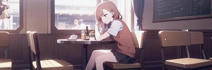 a_girl_is_chatting_with_friends_at_the_cafe solo misaka_mikoto BREAK brown_sweater_vest_with_a_school_emblem white_short-sleeved_collared_shirt grey_pleated_miniskirt