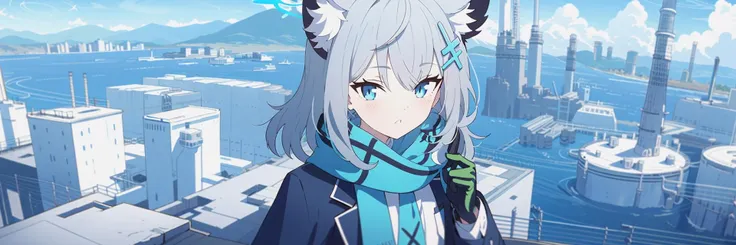 anime girl with long gray hair and blue eyes standing in front of a city