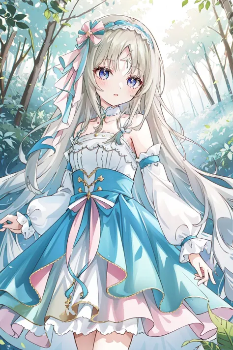 a close up of a person in a dress in a forest