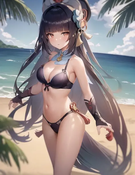 (1girl, <lora:yunjinGenshinImpact_yunjinGenshinImpact:0.6>, yunjin (genshin impact))   (best quality, masterpiece)  (palms, beach, cloud,sun, water) (NSFM) (wet, thighs, bikini)