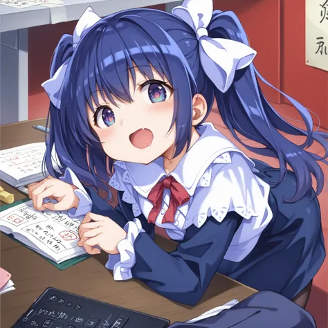 anime girl with long hair and blue eyes sitting at a desk