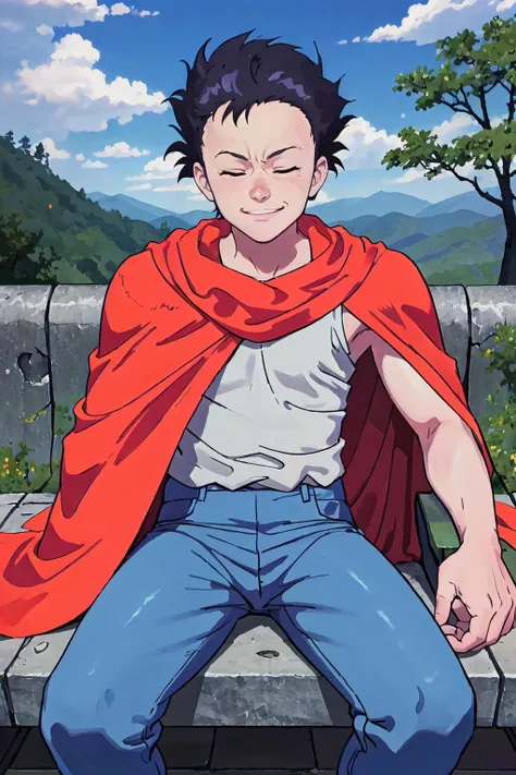 masterpiece, best quality, 1boy, solo, sitting, park bench, <lora:akira_shima-10:0.8> shima tetsuo, tank top, red cape, blue pants, smile, closed eyes