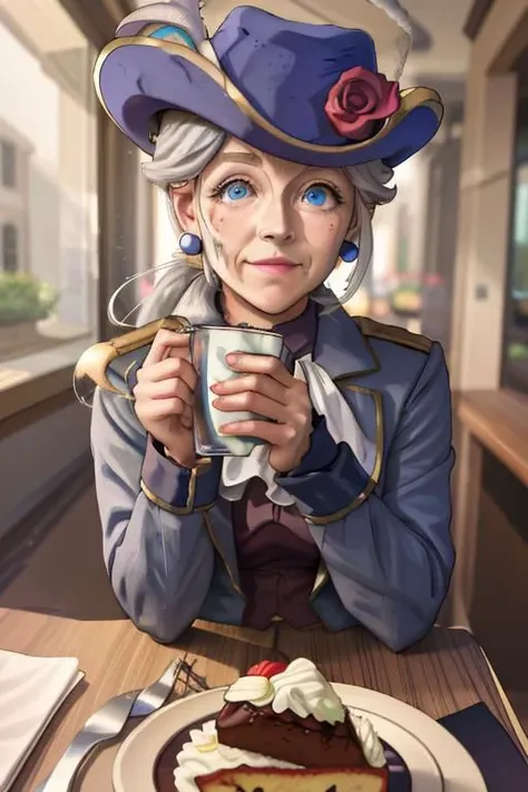 a woman in a hat and dress holding a cup of coffee