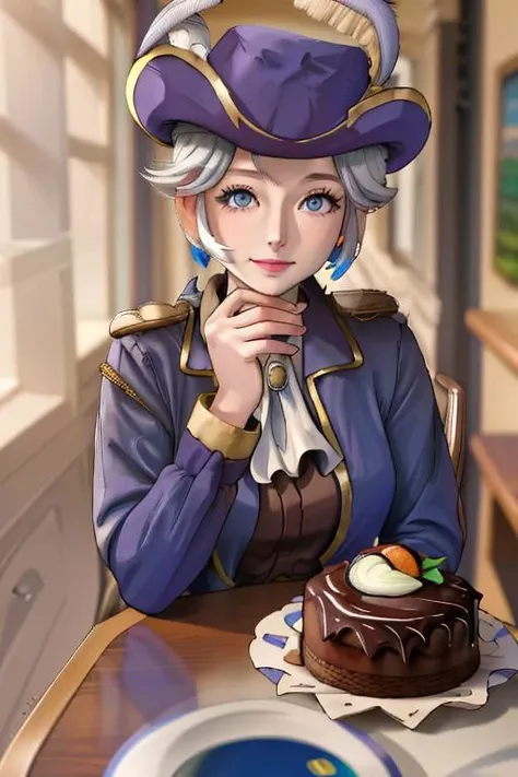 anime girl with a hat and a cake sitting at a table