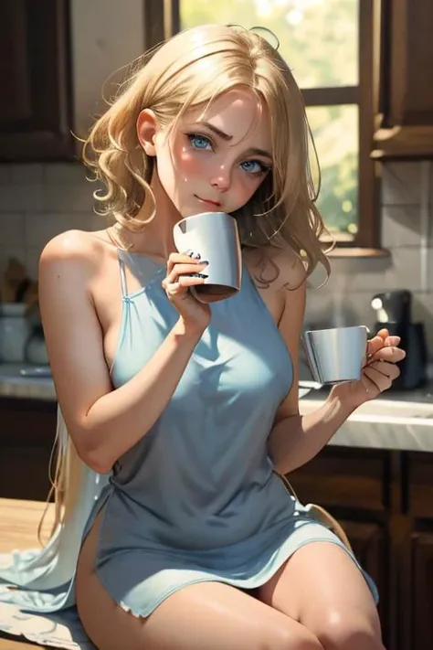 NSFW,(masterpiece, best quality), woman, looking at viewer, kitchen, sitting on kitchen counter, holding coffee mug, sleepy, slight smile, light blue eyes, upturned nose, round chin with cleft, soft cheeks, mouth slightly open, amber blonde, (bedhead), nig...