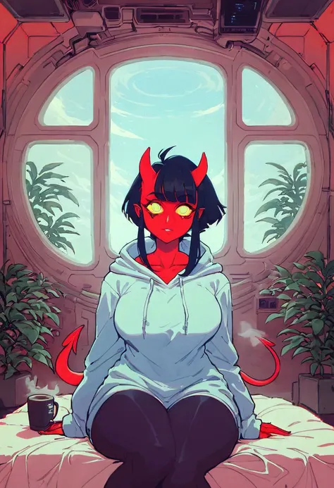 a cartoon picture of a woman sitting on a bed with a devil face