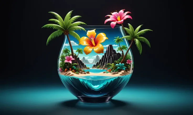 Retro arcade style <lora:Glass_Islands:1> a glass vase with a tropical island in it, surreal 3 d render, surreal water art, 3d render digital art, water art manipulation, full of glass. cgsociety, very detailed paradise, 4k highly detailed digital art, 3 d...