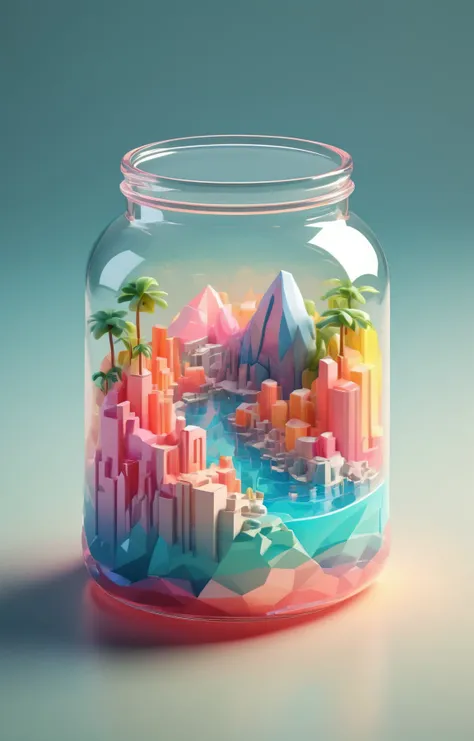 3d isometric, blender render, soft colorful-hued colors, <lora:Glass_Islands:0.75> a glass jar with a metropolis island in it, highly detailed, 4k Two tone lighting, abstract geometric gradients, geometric shapes, simple background