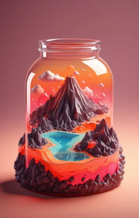 3d isometric, blender render, soft colorful-hued colors, <lora:Glass_Islands:0.75> a glass jar with a volcanic island in it, highly detailed, 4k, lava flows, pyroclastic clouds Two tone lighting, abstract geometric gradients, geometric shapes, simple backg...