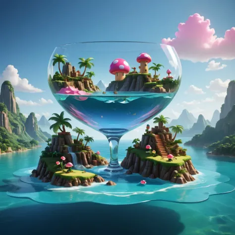 Super Mario style (Ultrarealistic:1.3) <lora:Glass_Islands:1> a glass with a pink island in it, full of glass. cgsociety, realism | beeple, beeple and tim hildebrandt, recusion beeple, beeple. hyperrealism, beeple |, surreal water art, 3 d render beeple, b...