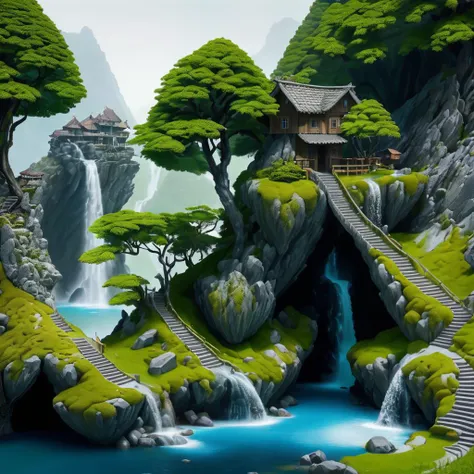 <lyco:FFusionAI-Islandgen3:1.0>, FFISLANDGEN, FFISLANDGEN ISLAND, diorama, a small island with a waterfall and trees, tree, grass, rock, water, stairs, moss, simple background, building, very wide shot  <lora:wowifierXL:1>