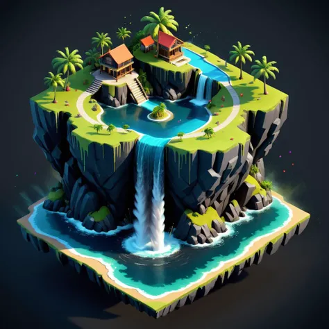 isometric style (Professional 3D rendering:1.3) of (Ultra detailed:1.3) <lora:Island_Generator_Update:1> a house on an island with a waterfall, stylized 3d render, 3 d render stylized, stylized as a 3d render, isometric island in the sky, low poly 3 d rend...