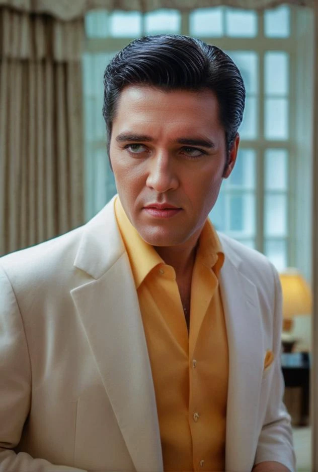 a close up of a man in a white suit and yellow shirt