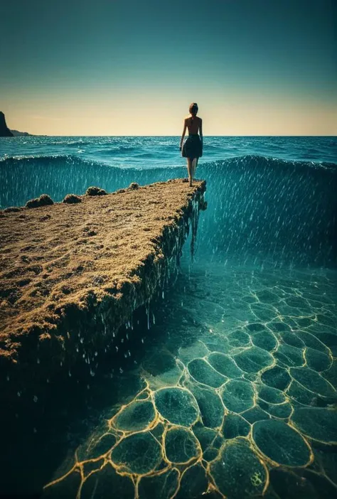 arafed woman standing on a rock in the middle of the ocean