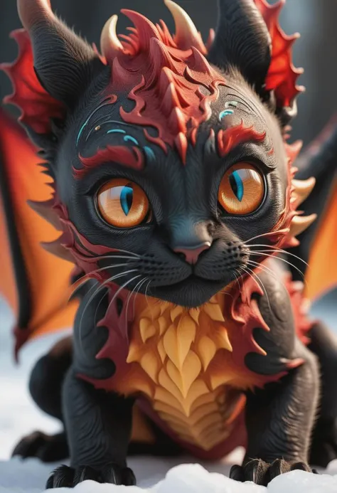 dynamic shot of a beautiful red charcoal and (amber:1.2) baby-dragon|cat|icebreathing hybrid, (beautiful eyes, up close:1.3), macro, mythological creature, dream world, festive Christmas,