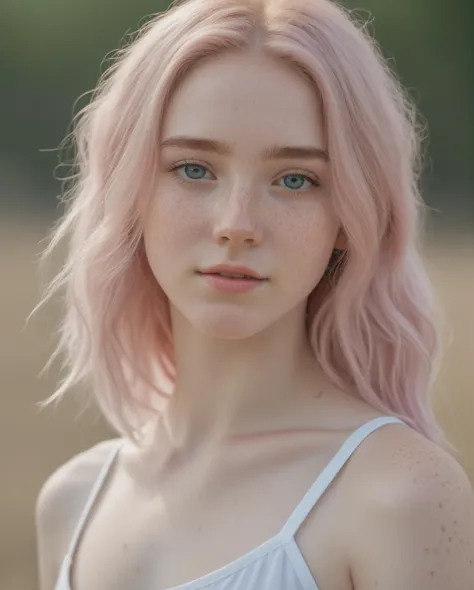 a woman with pink hair and freckled hair in a field