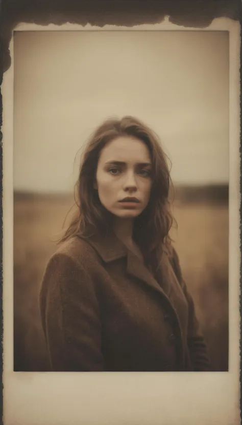 a woman in a brown coat standing in a field