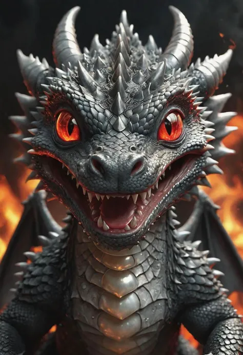 gleaming charcoal smiling baby dragon with blood accents, (cute), radiating light, amidst brilliance, symetrical hyperdetailed texture, (fire coming out from nose), smoke, pearl filigree, concept art, artstation,  perfect composition, masterpiece, glitteri...