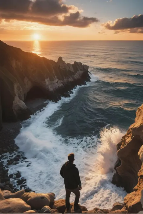 a man standing on a cliff overlooking the ocean at sunset