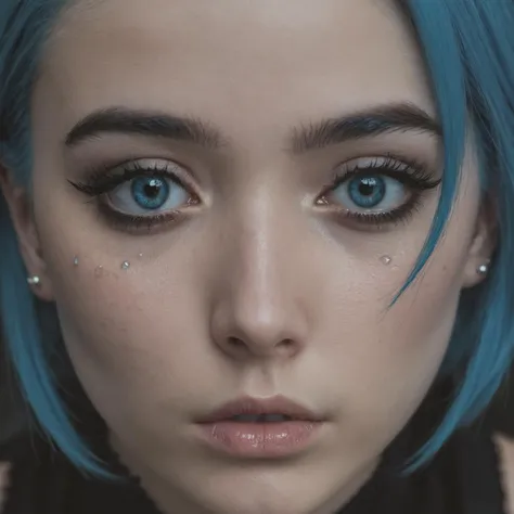 Portrait, close up, photo of a young woman, blue hair, dark eyeliner, very sad, tears running down her face, photography, detailed eyes, detailed skin, perfect face,