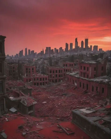 A devastated city skyline, silhouetted against a blood-red sky, its once-grand buildings now reduced to rubble, while ghostly echoes of the past reverberate through the desolate streets. (((devastated city skyline))) (((blood-red sky))) (((reduced rubble))...