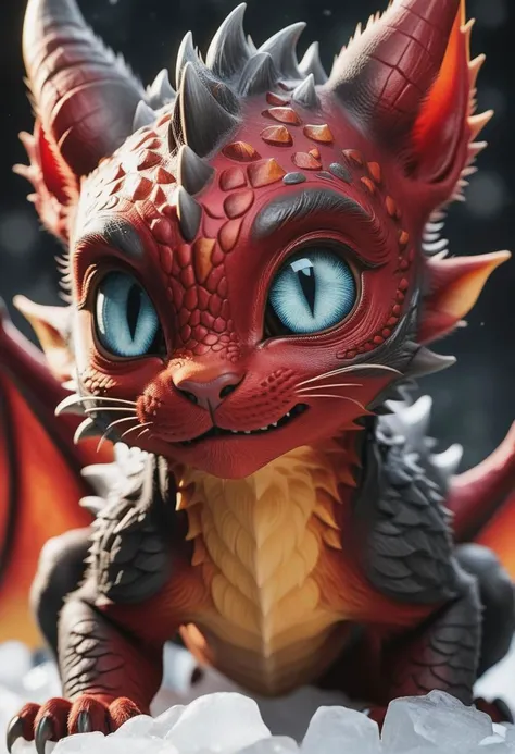 dynamic shot of a beautiful red charcoal and (amber:1.2) baby-dragon|cat|icebreathing hybrid, (beautiful eyes, up close:1.3), macro, mythological creature, dream world, festive Christmas,