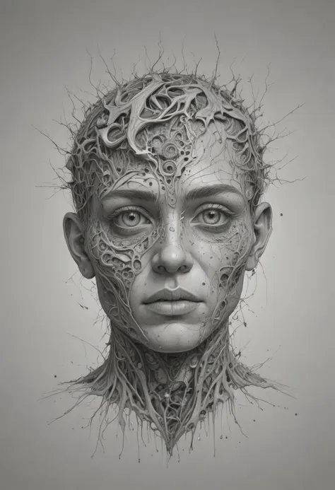 a drawing of a woman with a head made of branches and gears