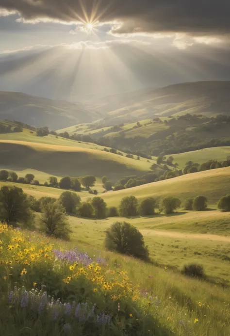 (Sunbeams, photorealistic:1.4) A breathtaking vista of a sun-drenched valley, where golden rays filter through towering clouds, casting a warm glow on rolling hills and meadows dotted with colorful wildflowers, evoking a sense of tranquility and renewal.