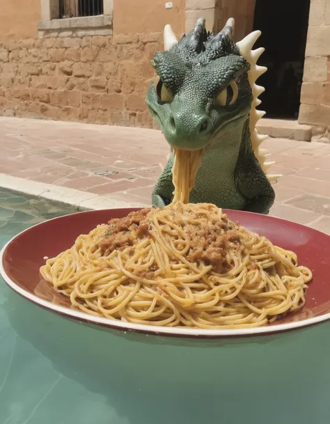 a close up of a plate of spaghetti with a dragon statue in the background