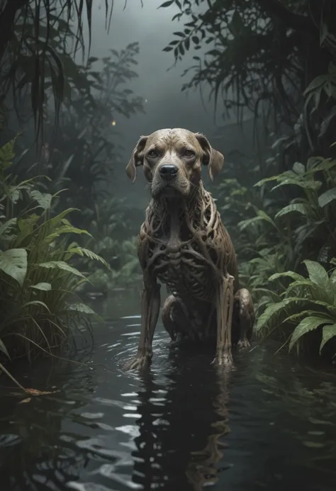 there is a dog that is sitting in the water in the woods