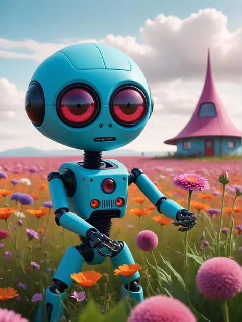 a close up of a robot in a field of flowers