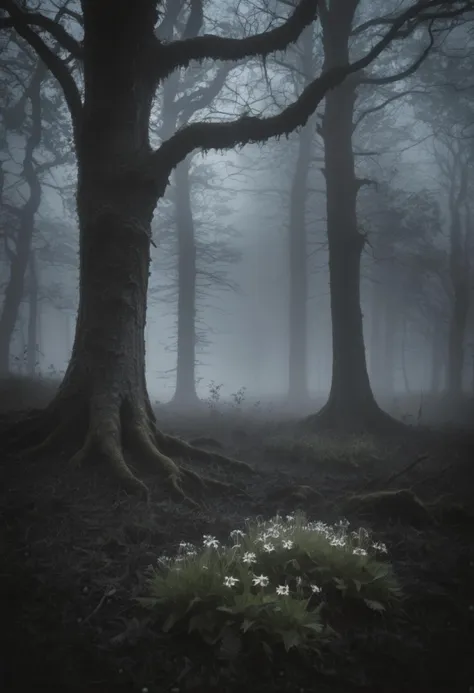 a dark forest with a few white flowers in the middle